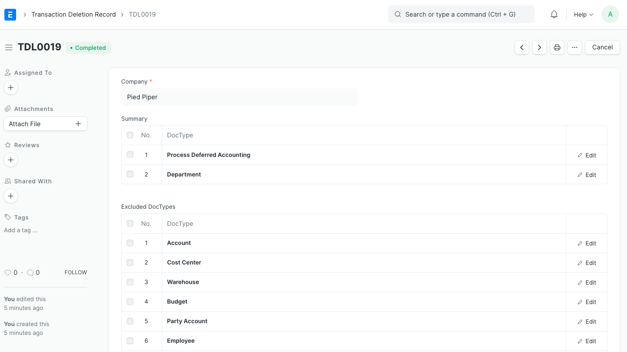 Transaction Deletion Record